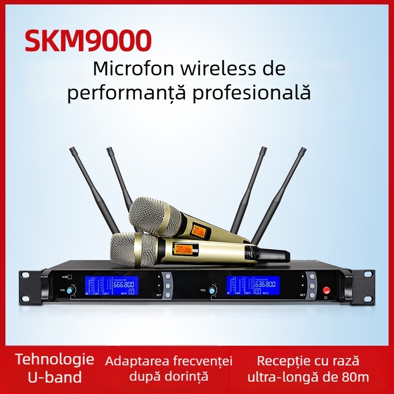 Mikrofonn wireless KTV SKM9000, microfon profesionist pentru scenă, cântece și conferințe. Model SKM9000; tip microfon: KTV/profesional; baterie încorporată 300–500 mAh; autonomie 3–6 h; raport SNR ≥70 dB; tensiune 220V.