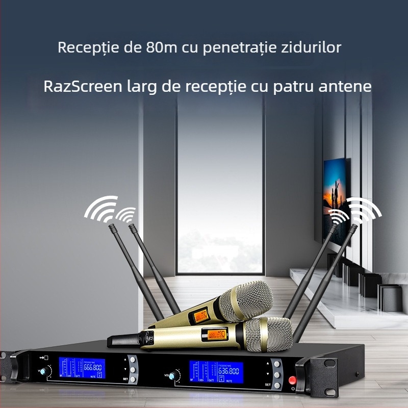 Mikrofonn wireless KTV SKM9000, microfon profesionist pentru scenă, cântece și conferințe. Model SKM9000; tip microfon: KTV/profesional; baterie încorporată 300–500 mAh; autonomie 3–6 h; raport SNR ≥70 dB; tensiune 220V.