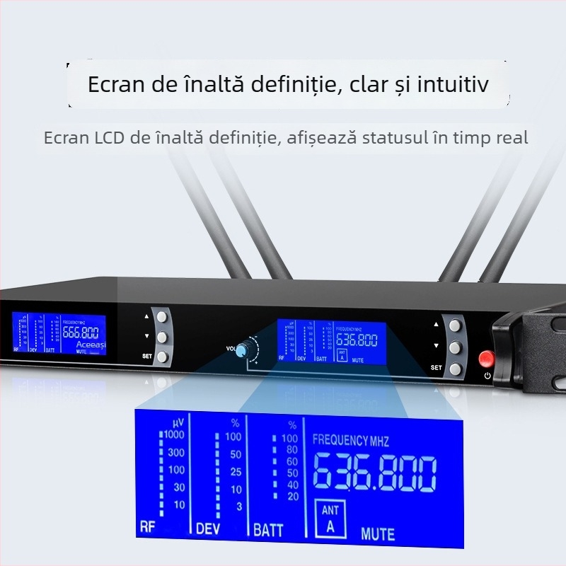 Mikrofonn wireless KTV SKM9000, microfon profesionist pentru scenă, cântece și conferințe. Model SKM9000; tip microfon: KTV/profesional; baterie încorporată 300–500 mAh; autonomie 3–6 h; raport SNR ≥70 dB; tensiune 220V.