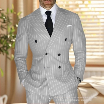 Costum bărbătesc în dungă, croială slim, rever cu vârf, nasturi în două rânduri, amestec poliester respirabil, pentru vară, pentru zilnic și ceremonii