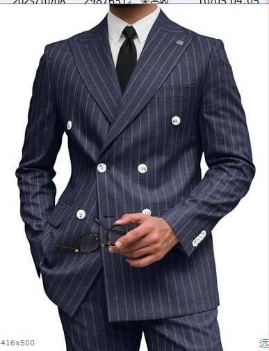 Costum bărbătesc în dungă, croială slim, rever cu vârf, nasturi în două rânduri, amestec poliester respirabil, pentru vară, pentru zilnic și ceremonii