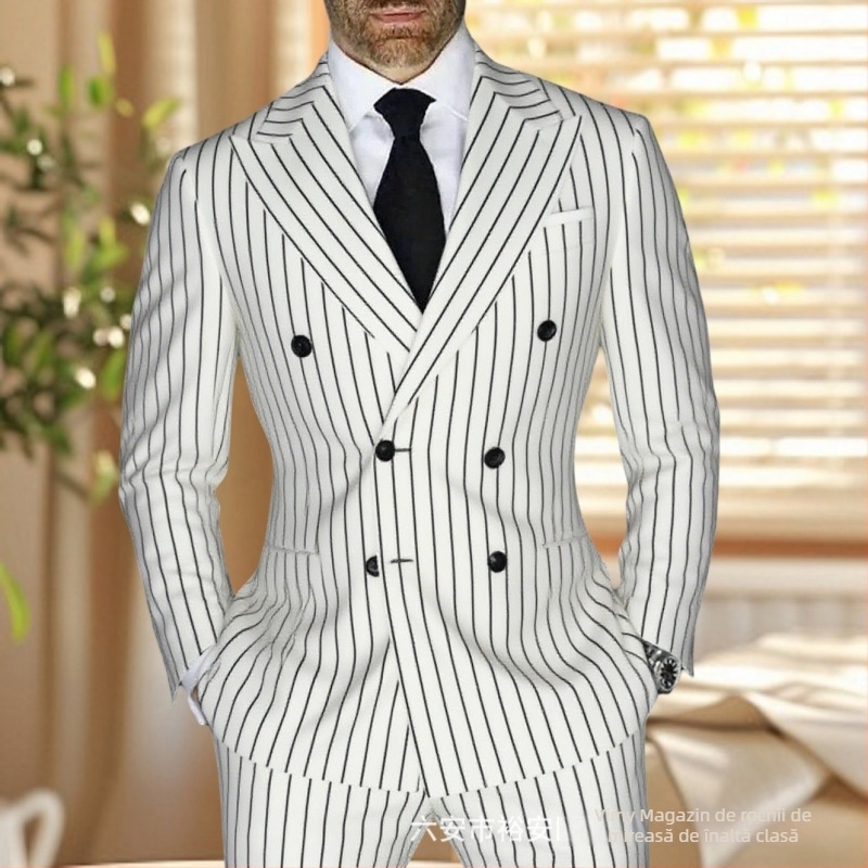 Costum bărbătesc în dungă, croială slim, rever cu vârf, nasturi în două rânduri, amestec poliester respirabil, pentru vară, pentru zilnic și ceremonii