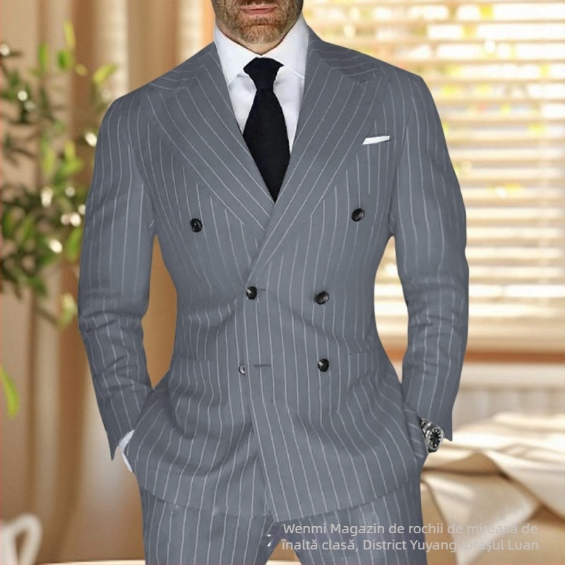 Costum bărbătesc în dungă, croială slim, rever cu vârf, nasturi în două rânduri, amestec poliester respirabil, pentru vară, pentru zilnic și ceremonii