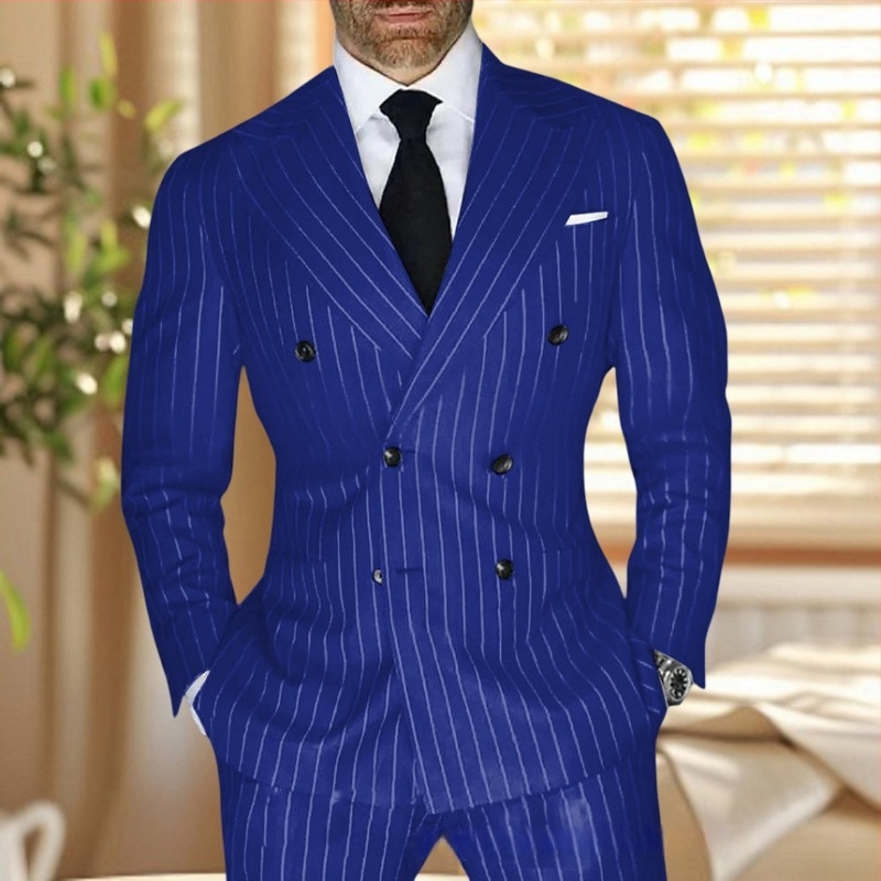 Costum bărbătesc în dungă, croială slim, rever cu vârf, nasturi în două rânduri, amestec poliester respirabil, pentru vară, pentru zilnic și ceremonii