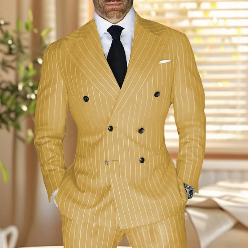 Costum bărbătesc în dungă, croială slim, rever cu vârf, nasturi în două rânduri, amestec poliester respirabil, pentru vară, pentru zilnic și ceremonii