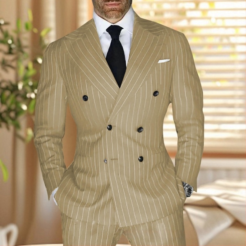 Costum bărbătesc în dungă, croială slim, rever cu vârf, nasturi în două rânduri, amestec poliester respirabil, pentru vară, pentru zilnic și ceremonii