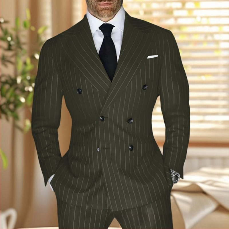 Costum bărbătesc în dungă, croială slim, rever cu vârf, nasturi în două rânduri, amestec poliester respirabil, pentru vară, pentru zilnic și ceremonii