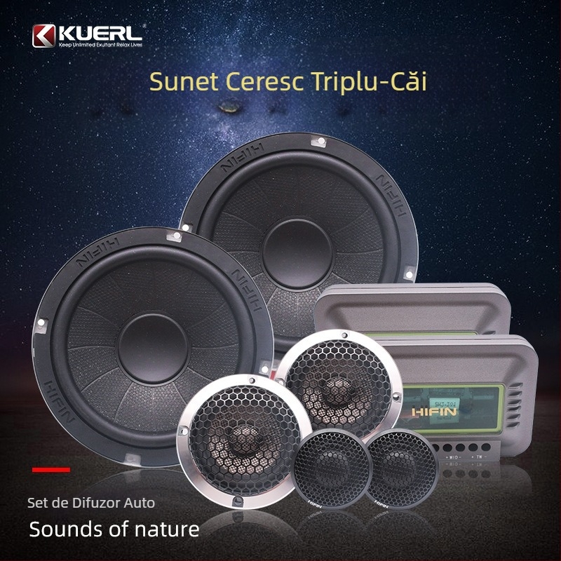 Set audio pentru mașină cu 3 cai HI-6083, putere maximă 300W, impedanță 4 Ω, interval de frecvență 55 Hz-35 kHz, sensibilitate >90 dB