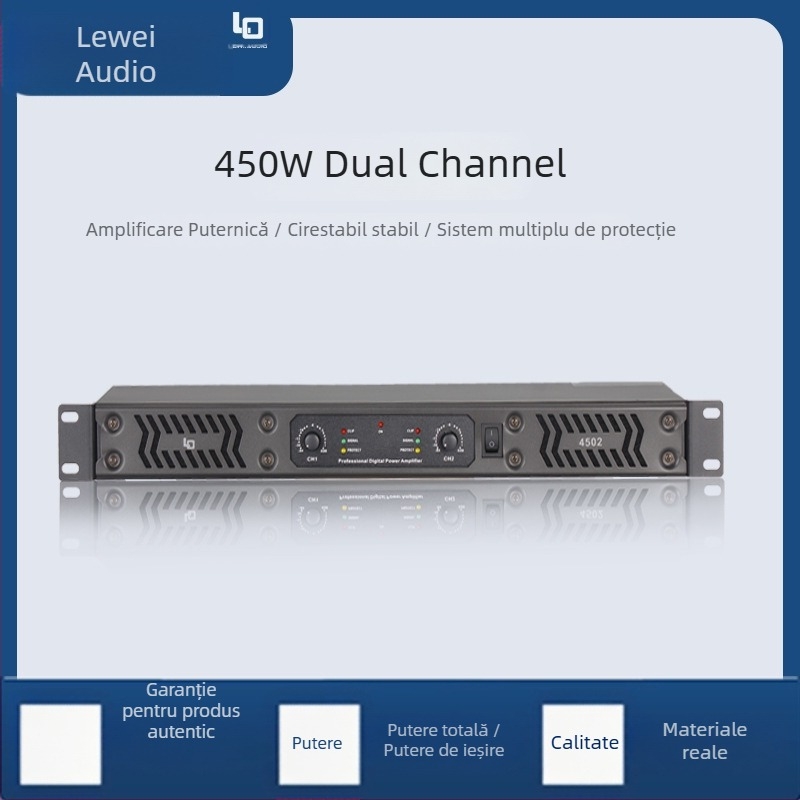 Amplificator digital de putere profesional cu 2 canale pentru scenă, 450W, 4–8 Ω, 20 Hz–20 kHz, THD 0,005%