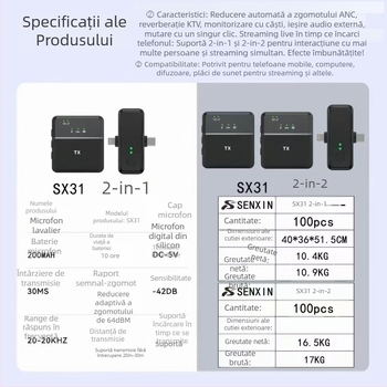 Microfon lavalier, omnidirecțional, baterie încorporată 100–300 mAh, domeniu de frecvență 20 Hz–20 kHz, SNR ≥70 dB