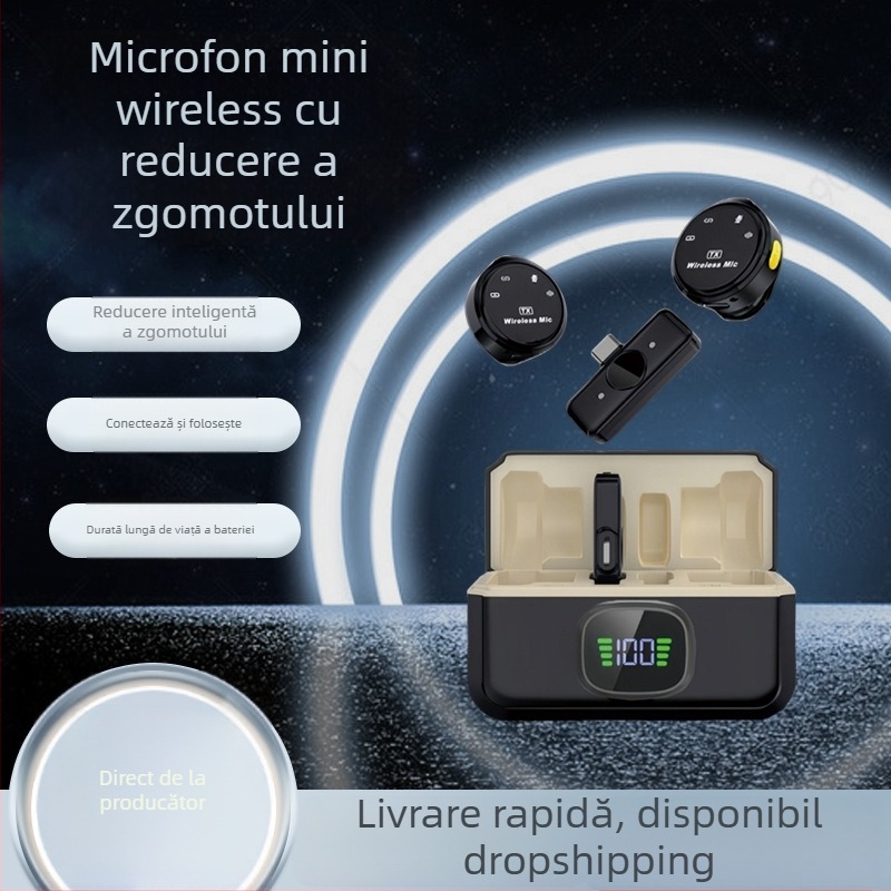 Microfon Lavalier magnetic pentru transmisiuni live, distribuție 1 la 2, baterie încorporată 1000–1200 mAh, răspuns în frecvență 40 Hz–20 kHz, autonomie 3–6 ore