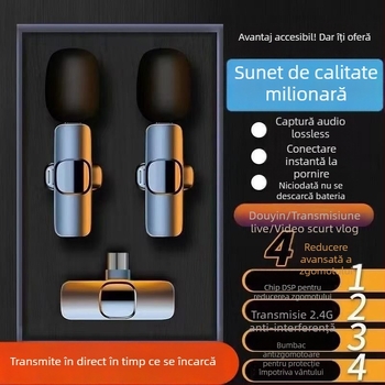 Microfon lavalier wireless cu anulare zgomot, transmisie 1 la 2, înregistrare live, compatibil cu Android și iOS, pentru exterior