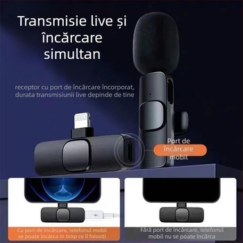 Microfon lavalier wireless cu anulare zgomot, transmisie 1 la 2, înregistrare live, compatibil cu Android și iOS, pentru exterior