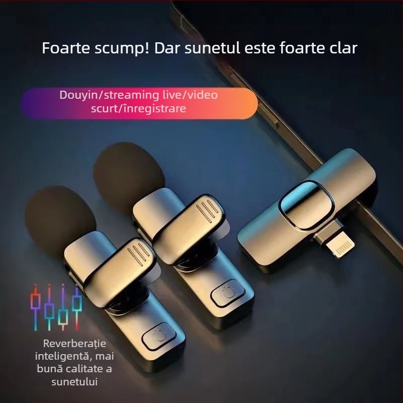 Microfon lavalier wireless cu anulare zgomot, transmisie 1 la 2, înregistrare live, compatibil cu Android și iOS, pentru exterior