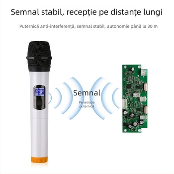 Sistem microfon wireless UHF cu difuzor pe cadru rulant alimentat cu baterie, plăcuță receptor încorporată și amplificator — Include două microfoane wireless cu antenă, interval frecvențe 100 Hz-20 kHz, SNR ≥ 75 dB