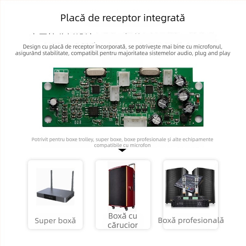 Sistem microfon wireless UHF cu difuzor pe cadru rulant alimentat cu baterie, plăcuță receptor încorporată și amplificator — Include două microfoane wireless cu antenă, interval frecvențe 100 Hz-20 kHz, SNR ≥ 75 dB