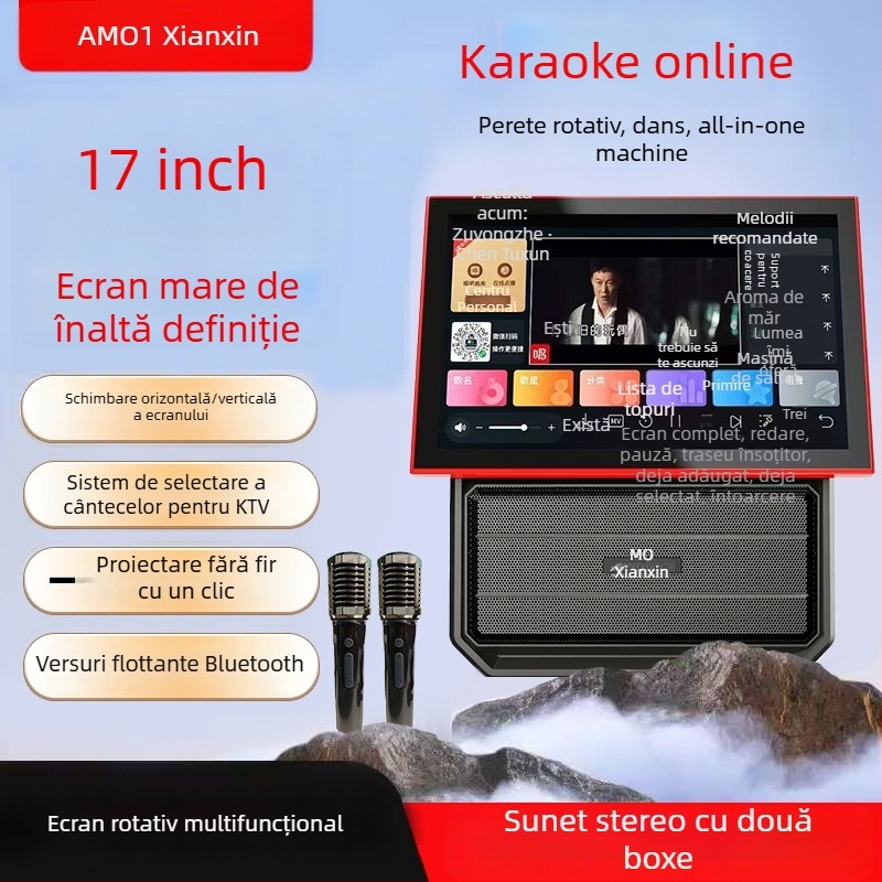 Boxă karaoke wireless all-in-one cu ecran încorporat de 14,1 inch, baterie 6000mAh, Bluetooth 5.3, Wi‑Fi, răspuns în frecvență 20 Hz–20 kHz