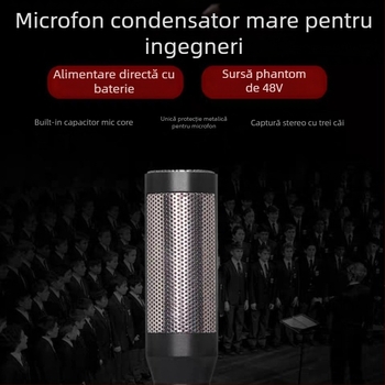 Microfon condensator pentru cor, cu cablu, destinat spectacolelor școlare și gazdelor pe scenă, ambalat într-o cutie de aluminiu, cu captare la distanță.