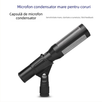 Microfon condensator pentru cor, cu cablu, destinat spectacolelor școlare și gazdelor pe scenă, ambalat într-o cutie de aluminiu, cu captare la distanță.