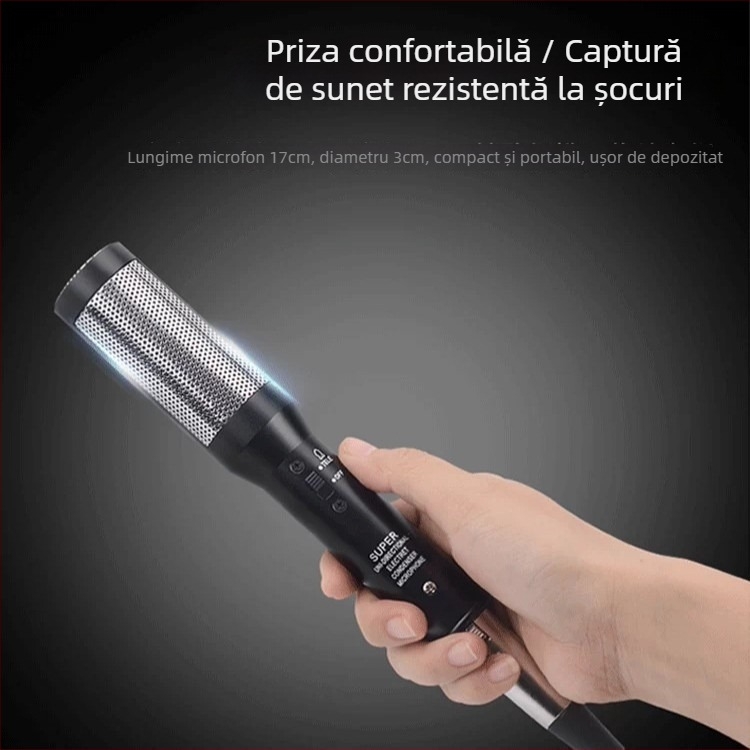 Microfon condensator pentru cor, cu cablu, destinat spectacolelor școlare și gazdelor pe scenă, ambalat într-o cutie de aluminiu, cu captare la distanță.