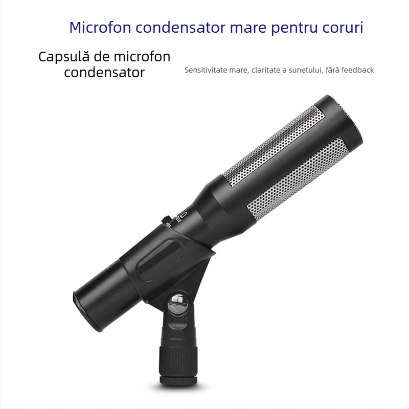 Microfon condensator pentru cor, cu cablu, destinat spectacolelor școlare și gazdelor pe scenă, ambalat într-o cutie de aluminiu, cu captare la distanță.