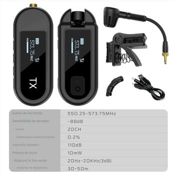 Microfon lavalier fără fir pentru instrumente muzicale, model M-03, captare cardioidă, Bluetooth 5.0, SNR ≥100 dB, potrivit pentru computer și transmisiuni live