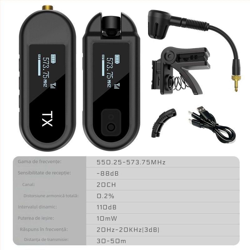 Microfon lavalier fără fir pentru instrumente muzicale, model M-03, captare cardioidă, Bluetooth 5.0, SNR ≥100 dB, potrivit pentru computer și transmisiuni live