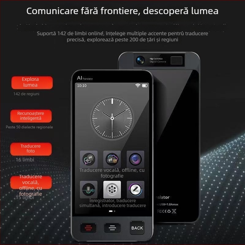 Traducător AI inteligent cu traducere offline și traducere prin fotografie, interpretare simultană, model M80, suport multilingv, rază Bluetooth de 10 m