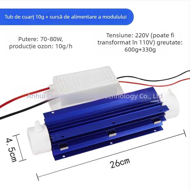 Generator de ozon pentru tratarea apei cu tub de ozon din cuarț, dezinfectare și sterilizare, debit 50 m³/h, zgomot sub 36 dB, alimentare la priză, pentru spații de 61 m²+