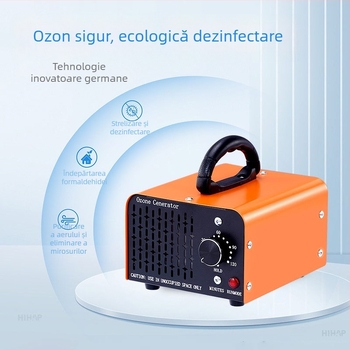 Generator ozon auto pentru interior – elimină mirosuri și formaldehidă, dezinfectează; funcționare silențioasă sub 36 dB, debit de aer 151–300 m3/h; alimentare prin brichetă, control mecanic; potrivit pentru autovehicule până la 10 m²