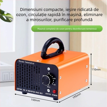 Generator ozon auto pentru interior – elimină mirosuri și formaldehidă, dezinfectează; funcționare silențioasă sub 36 dB, debit de aer 151–300 m3/h; alimentare prin brichetă, control mecanic; potrivit pentru autovehicule până la 10 m²