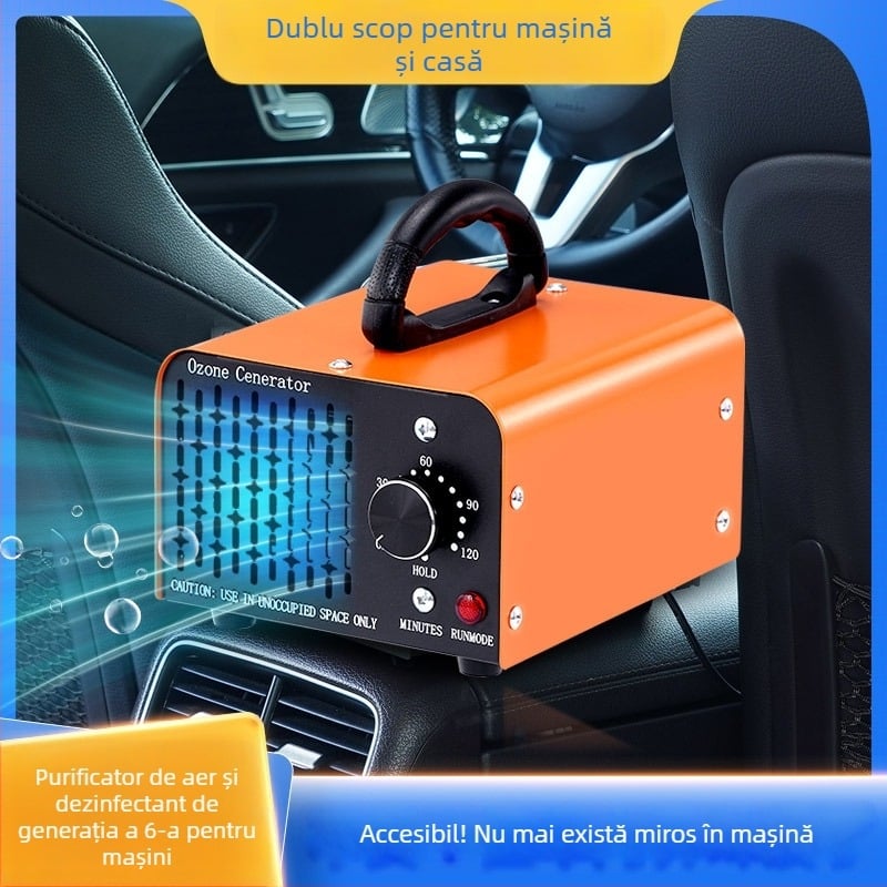 Generator ozon auto pentru interior – elimină mirosuri și formaldehidă, dezinfectează; funcționare silențioasă sub 36 dB, debit de aer 151–300 m3/h; alimentare prin brichetă, control mecanic; potrivit pentru autovehicule până la 10 m²