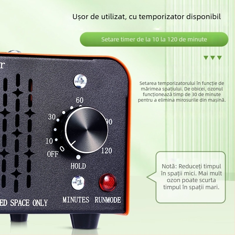 Generator ozon auto pentru interior – elimină mirosuri și formaldehidă, dezinfectează; funcționare silențioasă sub 36 dB, debit de aer 151–300 m3/h; alimentare prin brichetă, control mecanic; potrivit pentru autovehicule până la 10 m²