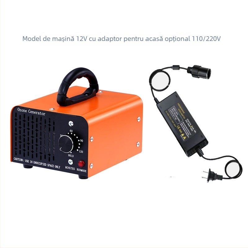 Generator ozon auto pentru interior – elimină mirosuri și formaldehidă, dezinfectează; funcționare silențioasă sub 36 dB, debit de aer 151–300 m3/h; alimentare prin brichetă, control mecanic; potrivit pentru autovehicule până la 10 m²