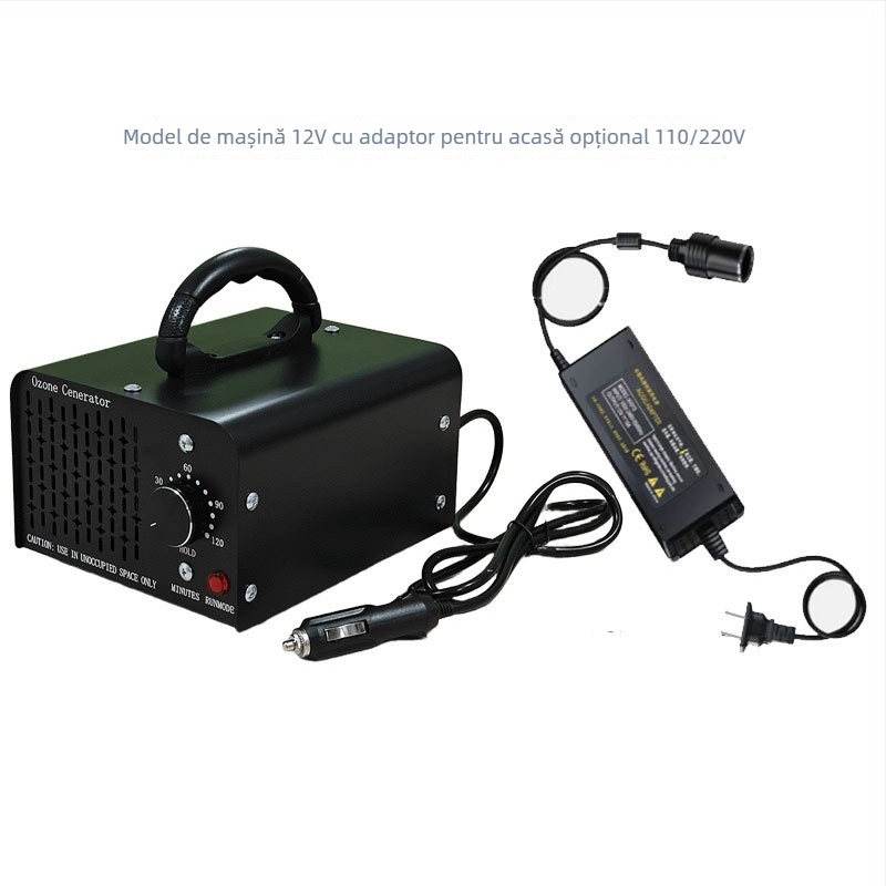 Generator ozon auto pentru interior – elimină mirosuri și formaldehidă, dezinfectează; funcționare silențioasă sub 36 dB, debit de aer 151–300 m3/h; alimentare prin brichetă, control mecanic; potrivit pentru autovehicule până la 10 m²