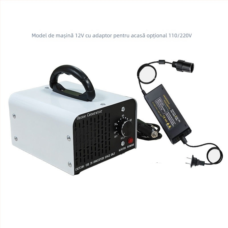Generator ozon auto pentru interior – elimină mirosuri și formaldehidă, dezinfectează; funcționare silențioasă sub 36 dB, debit de aer 151–300 m3/h; alimentare prin brichetă, control mecanic; potrivit pentru autovehicule până la 10 m²