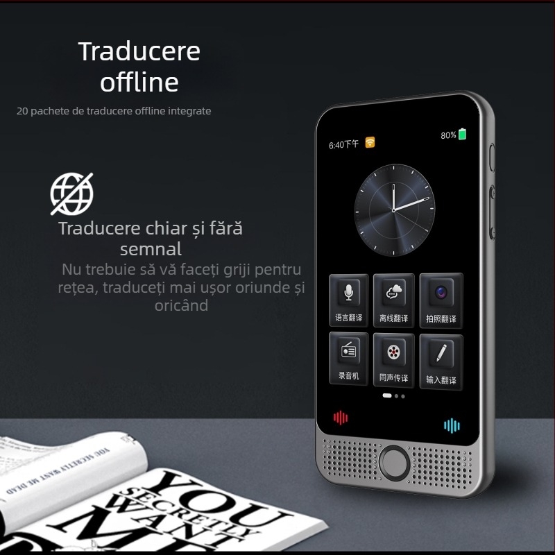 Translator cu interpretare simultană D1c, Android, Bluetooth, rază fără fir 10 m, control prin buton și ecran tactil, apeluri video, integrare ChatGPT, caroserie ABS, 185 g