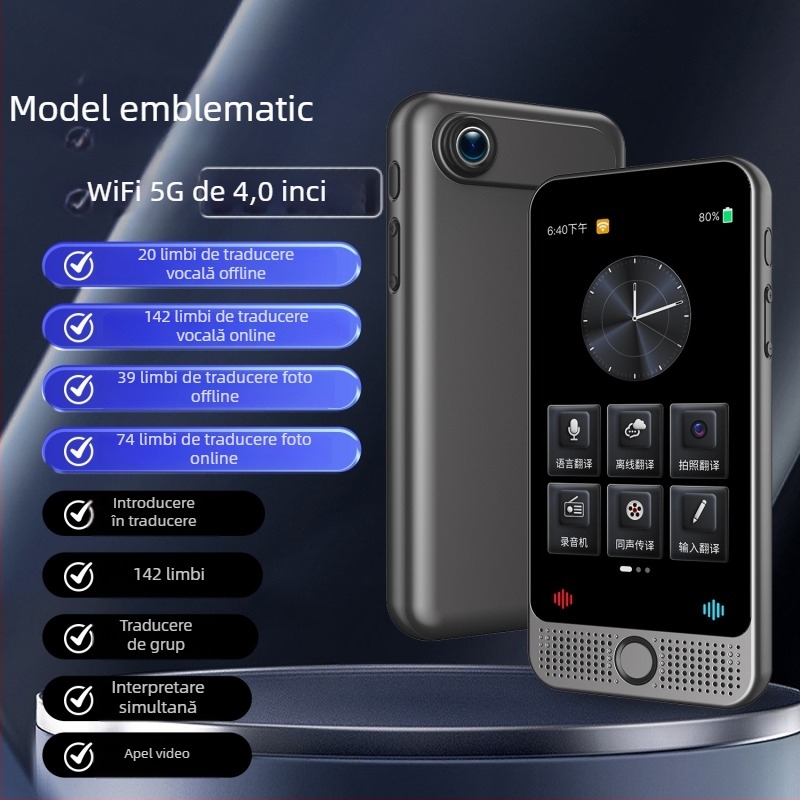 Translator cu interpretare simultană D1c, Android, Bluetooth, rază fără fir 10 m, control prin buton și ecran tactil, apeluri video, integrare ChatGPT, caroserie ABS, 185 g