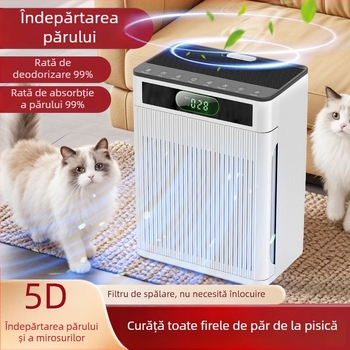 Purificator de aer de birou pentru păr de pisică — eliminare mirosuri și polen, funcționare silențioasă sub 36 dB, debit de aer sub 50 m³/h, potrivit pentru spații până la 10 m²