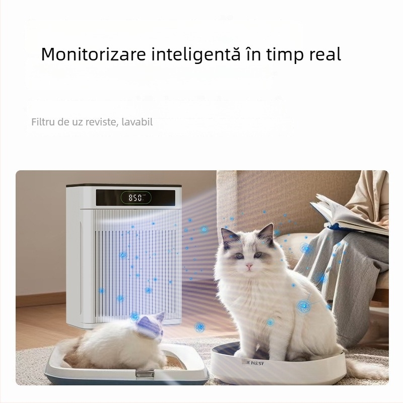 Purificator de aer de birou pentru păr de pisică — eliminare mirosuri și polen, funcționare silențioasă sub 36 dB, debit de aer sub 50 m³/h, potrivit pentru spații până la 10 m²