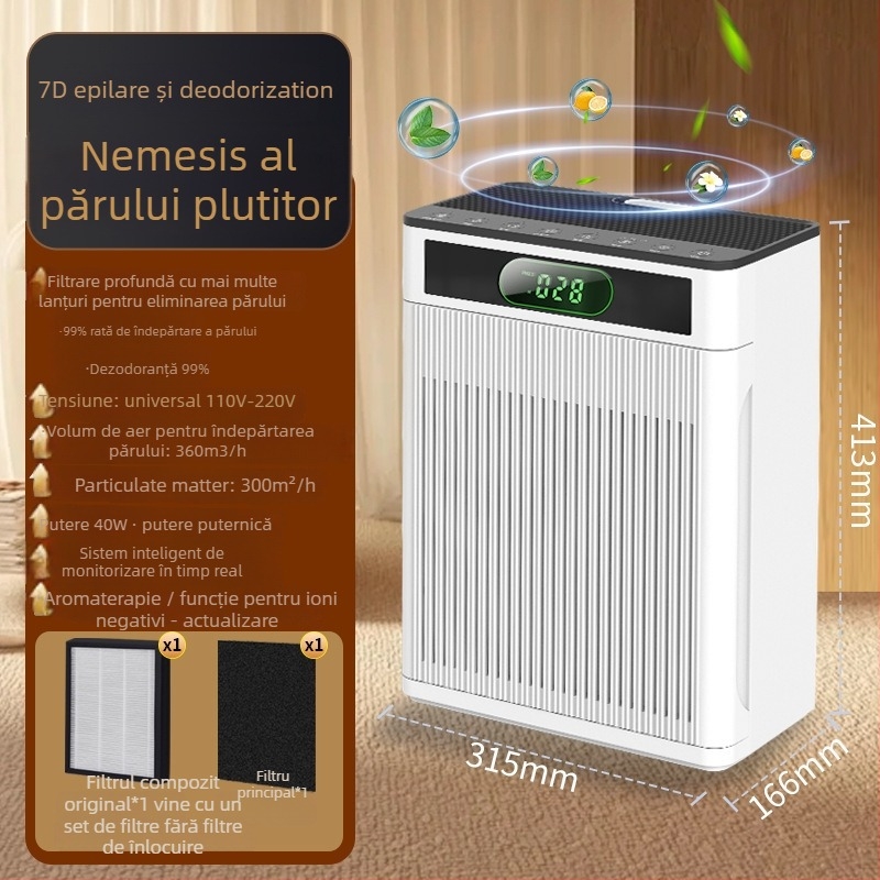 Purificator de aer de birou pentru păr de pisică — eliminare mirosuri și polen, funcționare silențioasă sub 36 dB, debit de aer sub 50 m³/h, potrivit pentru spații până la 10 m²