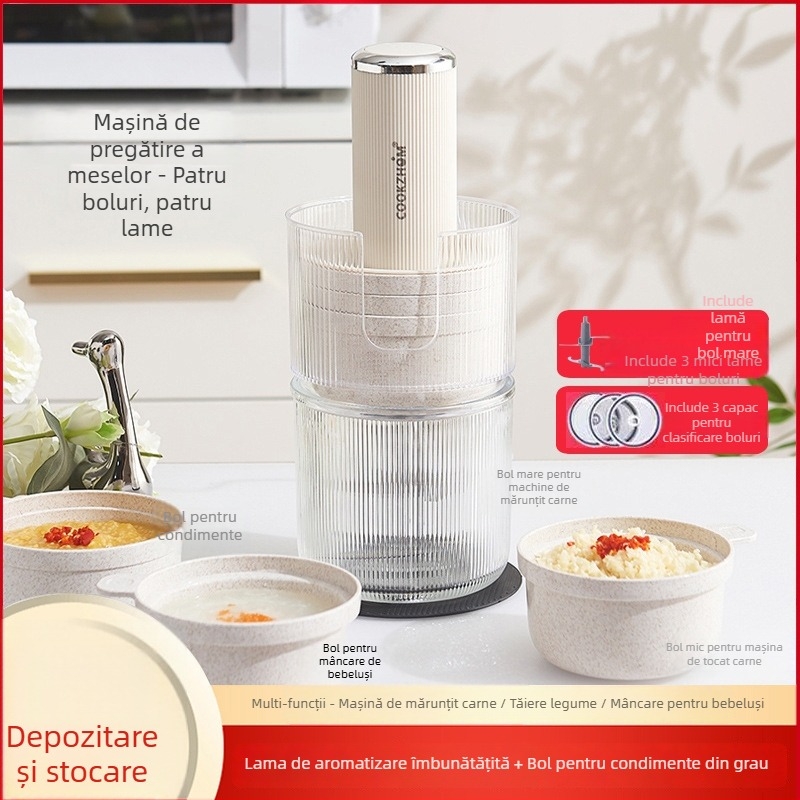 Procesor de bucătărie multifuncțional cu funcție pentru mâncare de bebeluși, capacitate 1-3 L, viteză motor 10000-19999 rpm, tensiune 111-240 V, control mecanic
