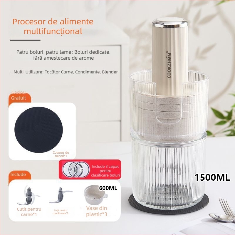 Procesor de bucătărie multifuncțional cu funcție pentru mâncare de bebeluși, capacitate 1-3 L, viteză motor 10000-19999 rpm, tensiune 111-240 V, control mecanic