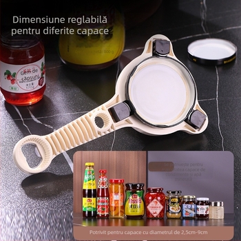 Deschizător multifuncțional pentru conserve și sticle — corp din plastic, deschide capace filetate și dopuri de sticlă