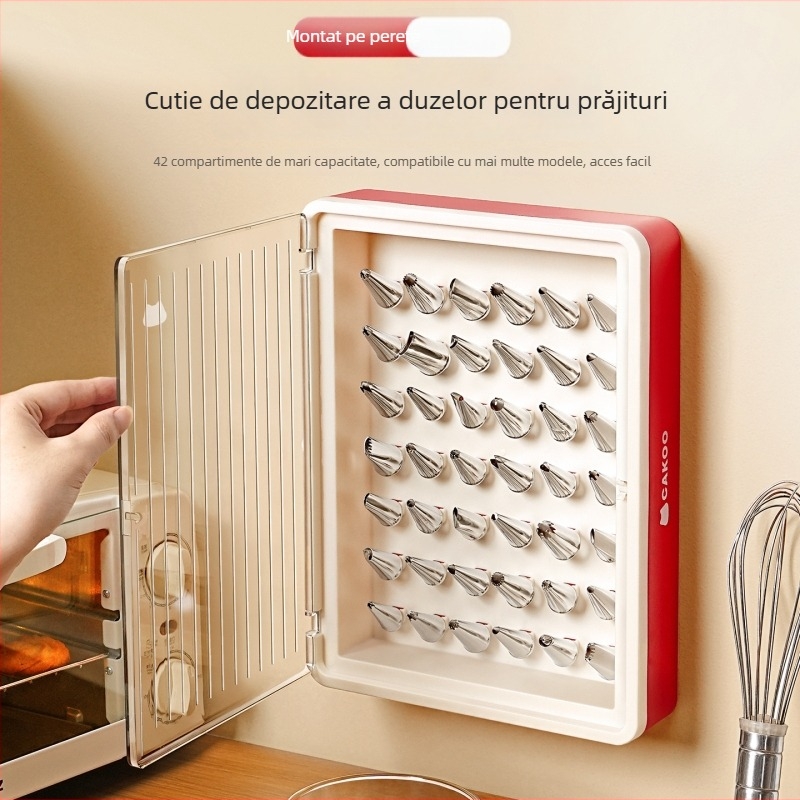 Cutie de depozitare pentru duzele de decorare, montată pe perete, cu ușă de dulap — transparentă, protecție împotriva prafului, mare capacitate, pentru ustensile de patiserie casnice