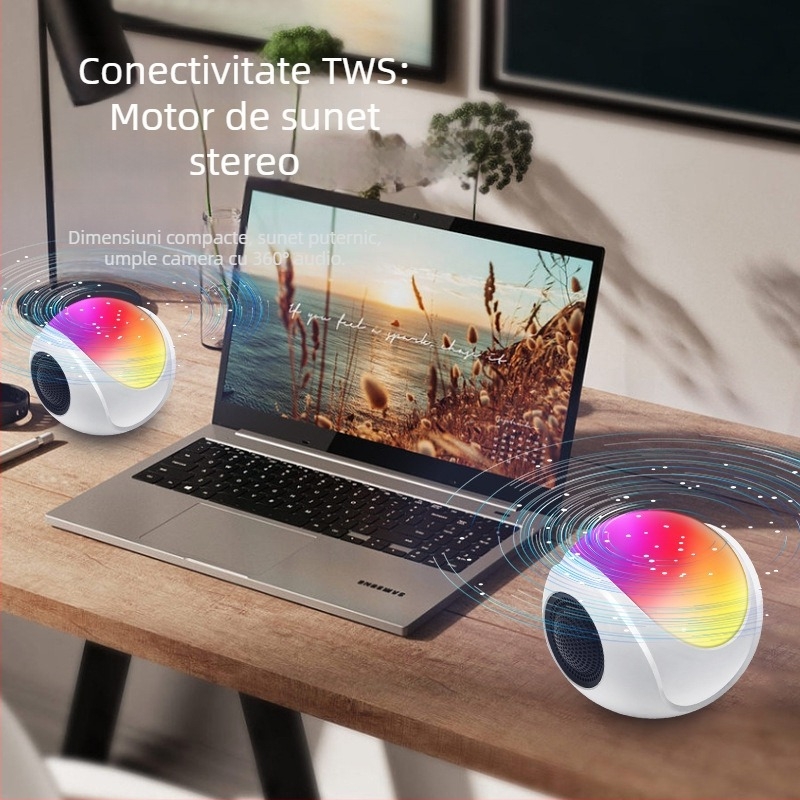 Difuzor Bluetooth mini de birou — Bluetooth 5.3; putere 3W; răspuns în frecvențe 60 Hz–15 kHz; SNR ≥85 dB; baterie încorporată 800–1000 mAh