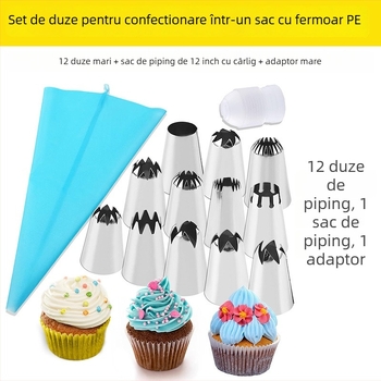 Set de duze de decorare din oțel inoxidabil, 14 piese, cu pungă de decorare și convertor, vârfuri cu formă neregulată pentru deserturi