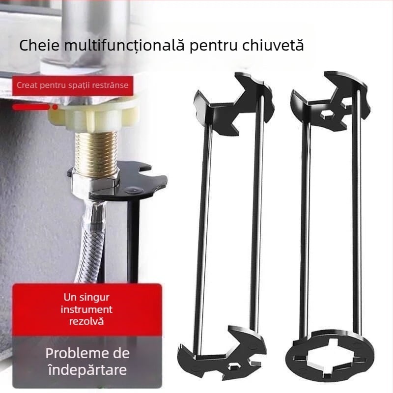 Cheie multifuncțională pentru chiuvetă — Cinci în unu pentru instalare și reparații la robinetul de baie — oțel, finisaj vopsire cu spray