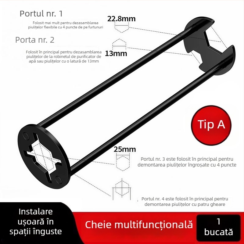 Cheie multifuncțională pentru chiuvetă — Cinci în unu pentru instalare și reparații la robinetul de baie — oțel, finisaj vopsire cu spray