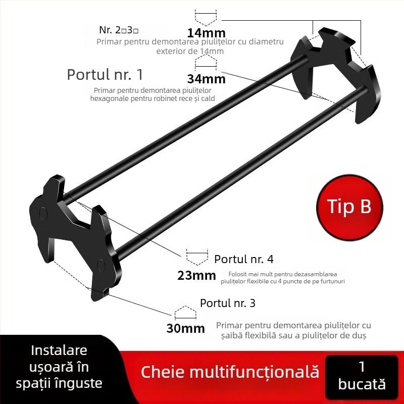 Cheie multifuncțională pentru chiuvetă — Cinci în unu pentru instalare și reparații la robinetul de baie — oțel, finisaj vopsire cu spray